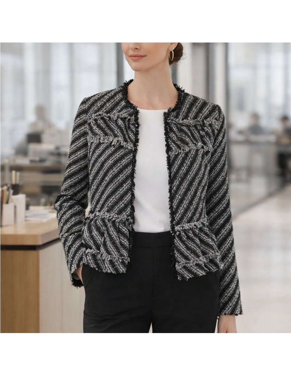 Ann Taylor Y2K Ruffle Tweed‎ Striped Peplum Jacket Black White Blazer Punk Funky
